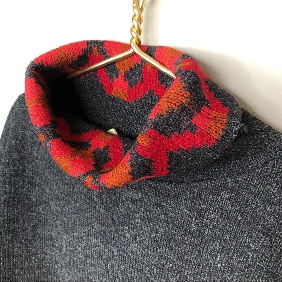Vintage gray wool cowl neck red & rust artsy pattern sweater S/M - Picture 4 of 9
